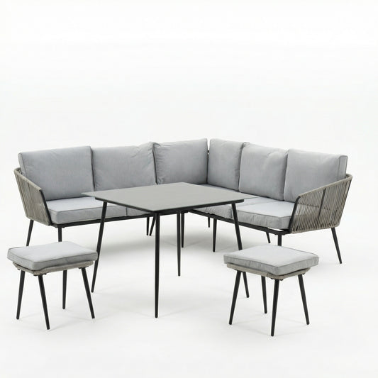 KK - 211649 - Outdoor Dining Set - Corner Sofa, Dining Table, 2 x Stools
