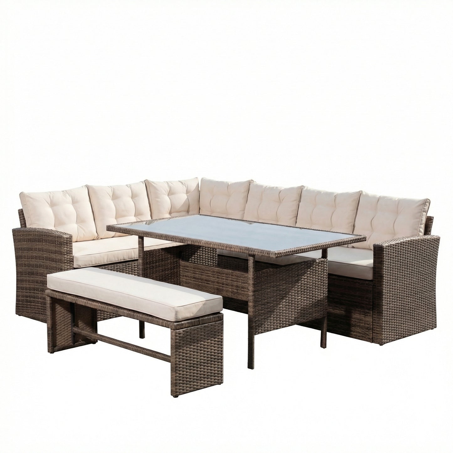KK - 210339 - Outdoor Rattan Corner Sofa with Table and Bench