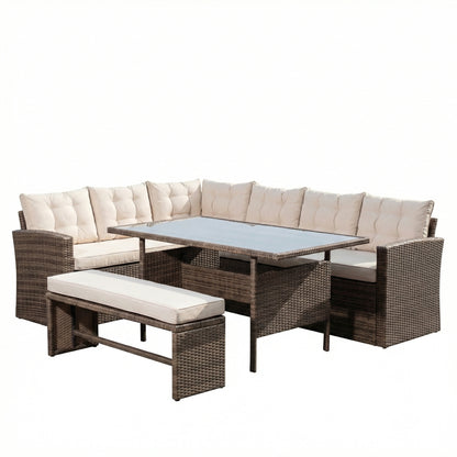 KK - 210339 - Outdoor Rattan Corner Sofa with Table and Bench