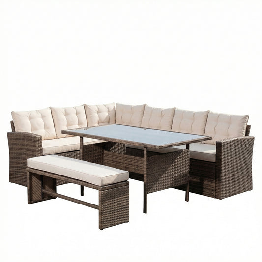 KK - 210339 - Outdoor Rattan Corner Sofa with Table and Bench